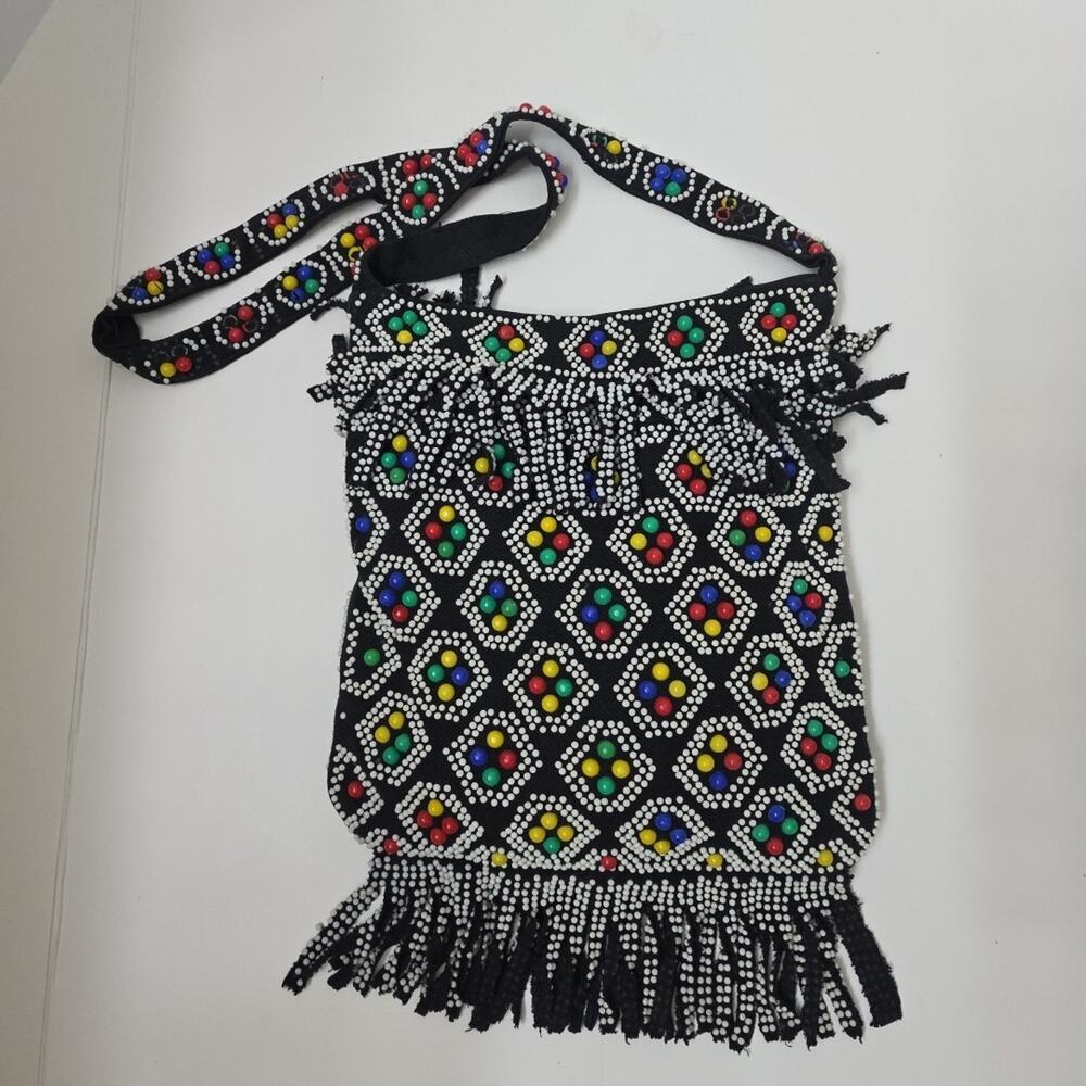 Vintage Beaded Candy Dot Purse Shoulder Bag Fringe Zipper Black Hippie Boho - Picture 5 of 12